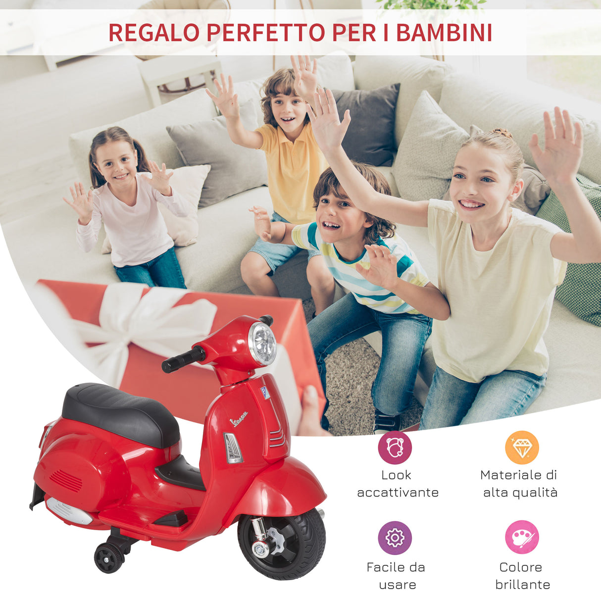 easycomfort easycomfort moto elettrica per bambini con licenza ufficiale vespa batteria 6v fari e clacson per bimbi da 18 36 mesi rosso 66 5x38x52cm