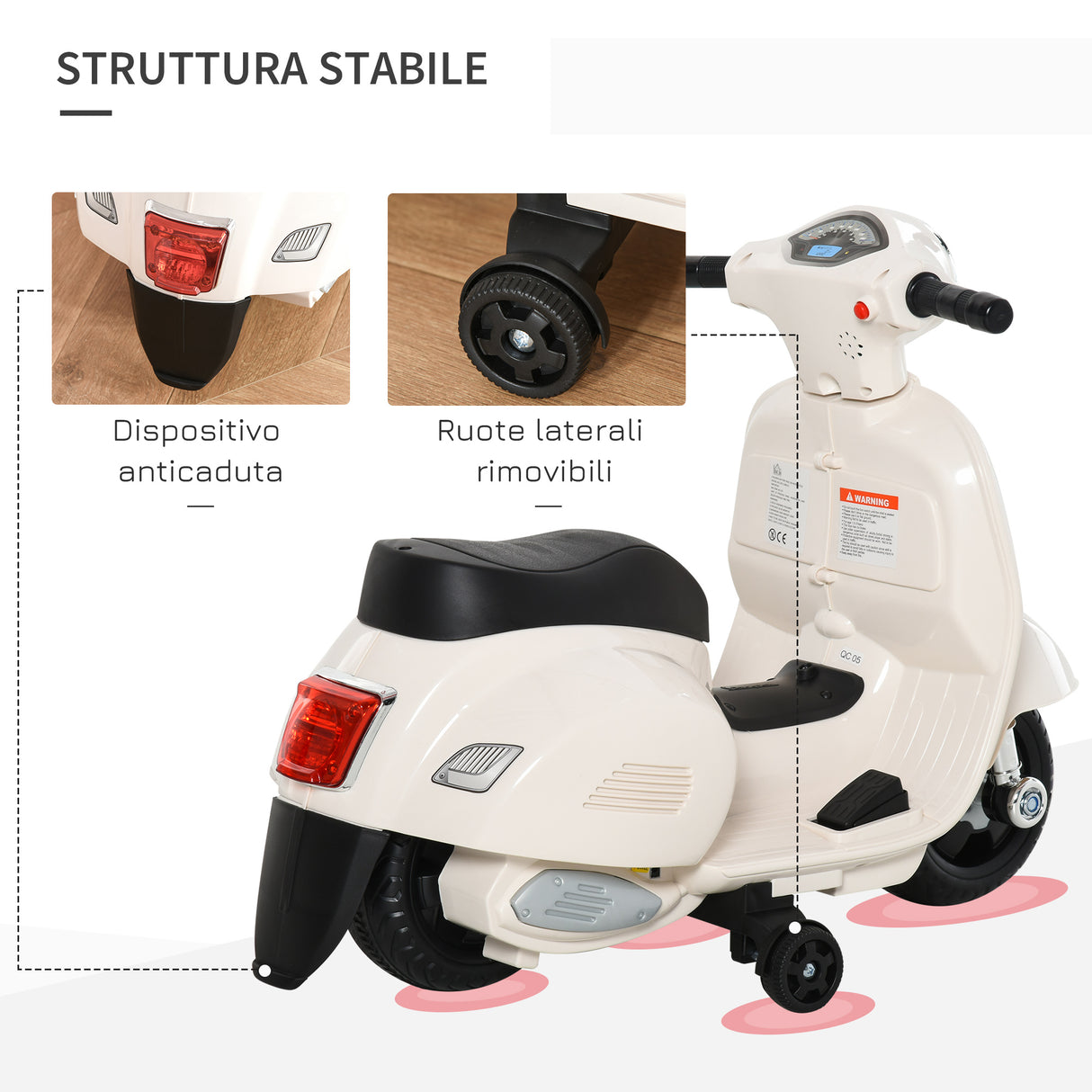 easycomfort easycomfort moto elettrica per bambini con licenza ufficiale vespa batteria 6v fari e clacson per bimbi da 18 36 mesi bianco 66 5x38x52cm