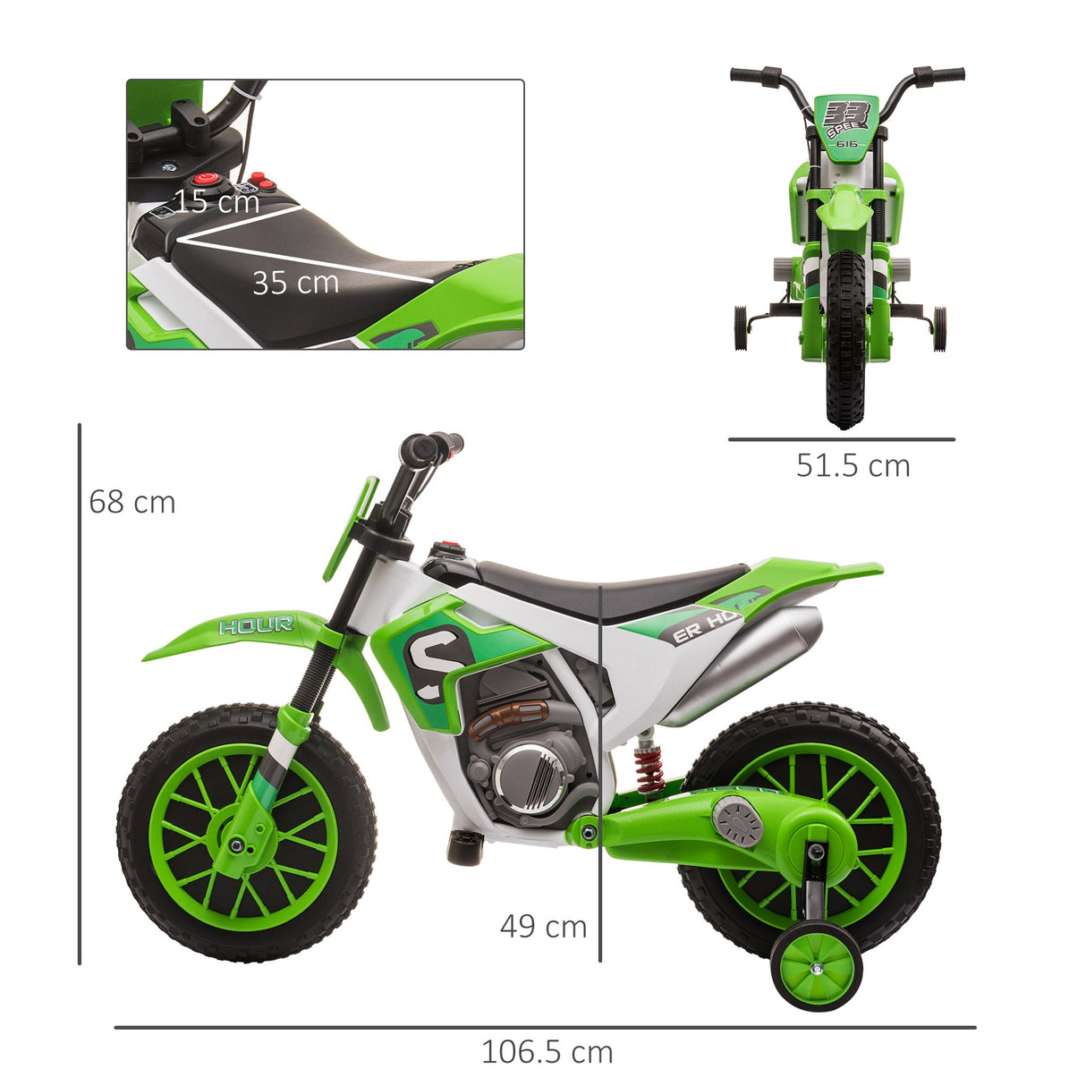 easycomfort easycomfort moto da cross elettrica per bambini da 3 5 anni batteria 12v ricaricabile e rotelline rimovibili 106 5x51 5x68cm verde