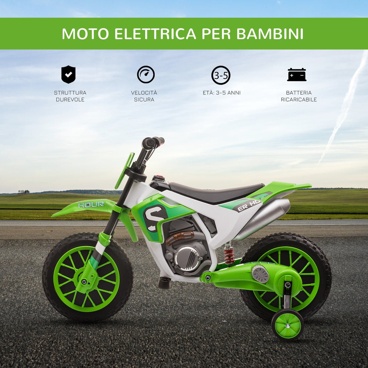easycomfort easycomfort moto da cross elettrica per bambini da 3 5 anni batteria 12v ricaricabile e rotelline rimovibili 106 5x51 5x68cm verde