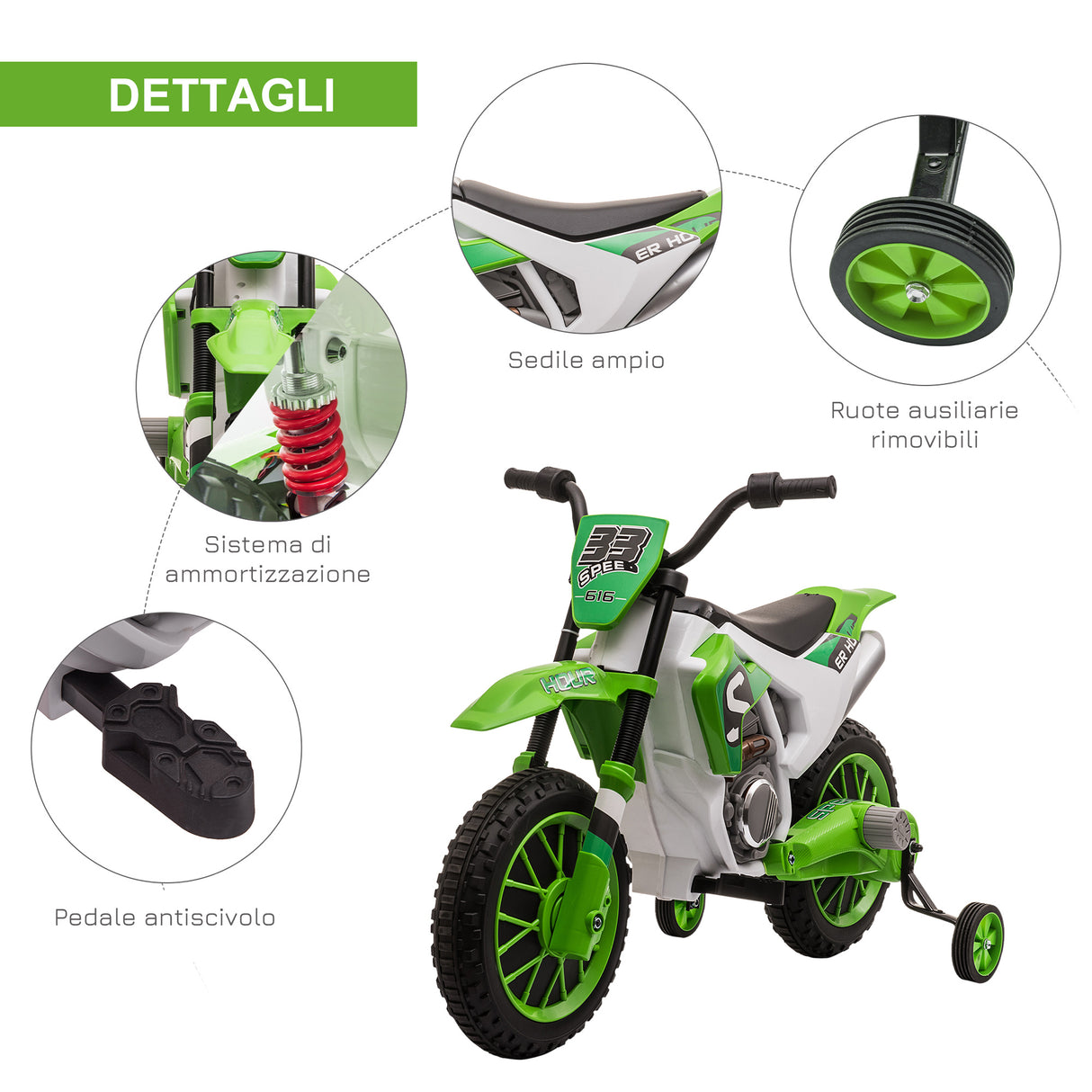 easycomfort easycomfort moto da cross elettrica per bambini da 3 5 anni batteria 12v ricaricabile e rotelline rimovibili 106 5x51 5x68cm verde