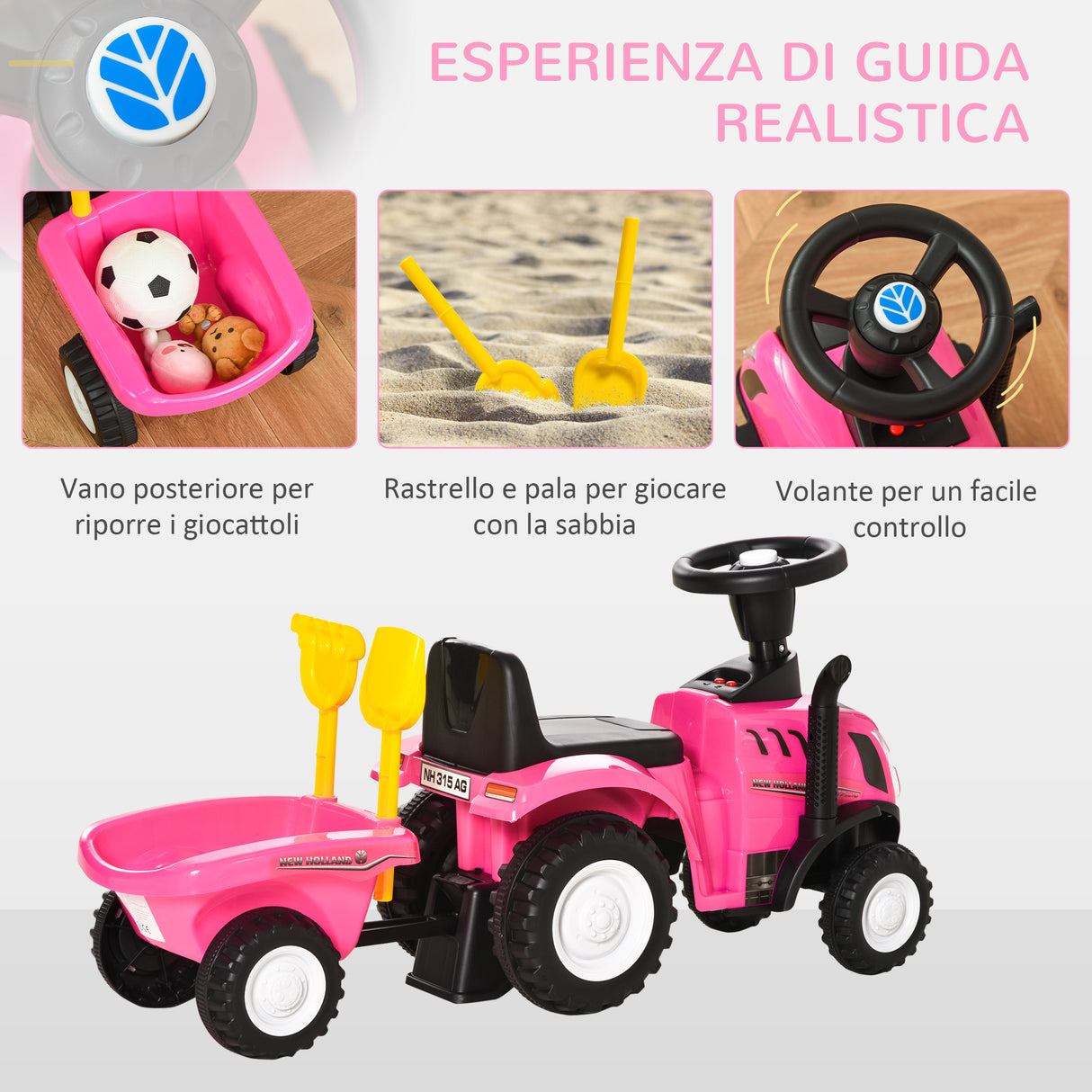 easycomfort easycomfort trattore per bambini cavalcabile con rimorchio rastrello e pala gioco educativo per bimbi 12 36 mesi 91x29x44cm rosa