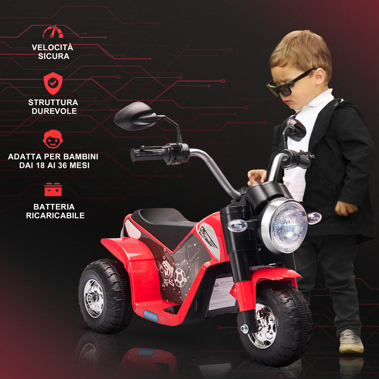 easycomfort easycomfort moto elettrica per bambini a 3 ruote con luci e suoni batteria ricaricabile 6v velocita 2 kmh per bimbi da 18 36 mesi 72x57x56cm rossa