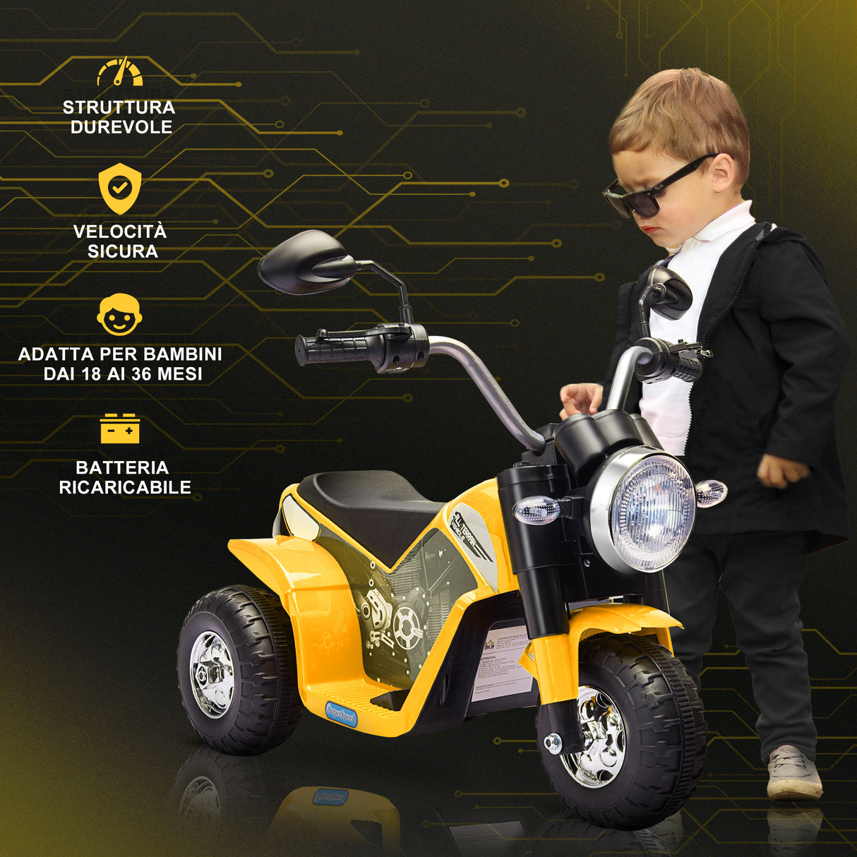 easycomfort easycomfort moto elettrica per bambini a 3 ruote con luci e suoni batteria ricaricabile 6v velocita 2 kmh per bimbi da 18 36 mesi 72cmx57cmx56cm gialla