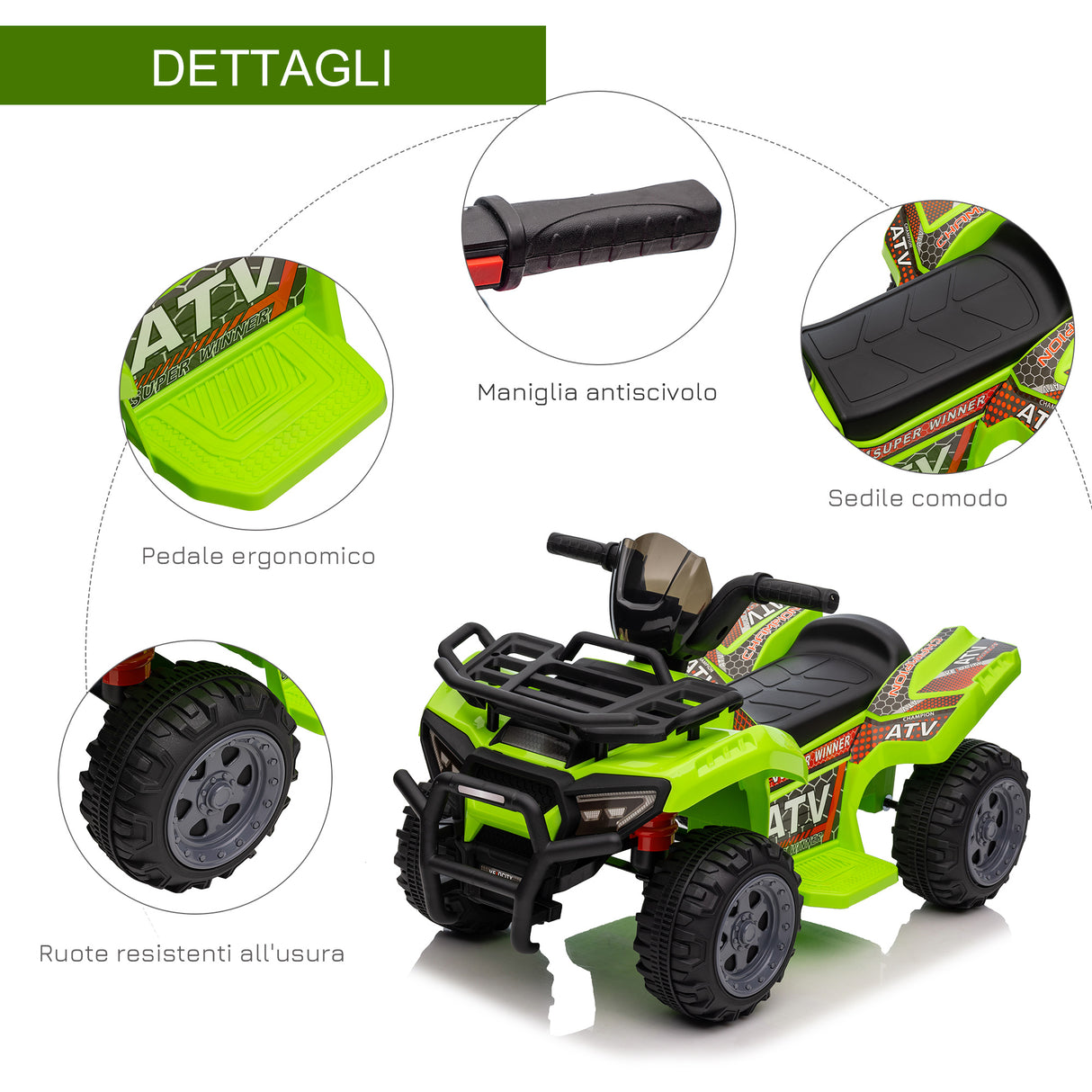 easycomfort easycomfort quad elettrico per bambini con batteria ricaricabile 6v pulsante acceleratore eta 18 36 mesi 70x42x45cm verde
