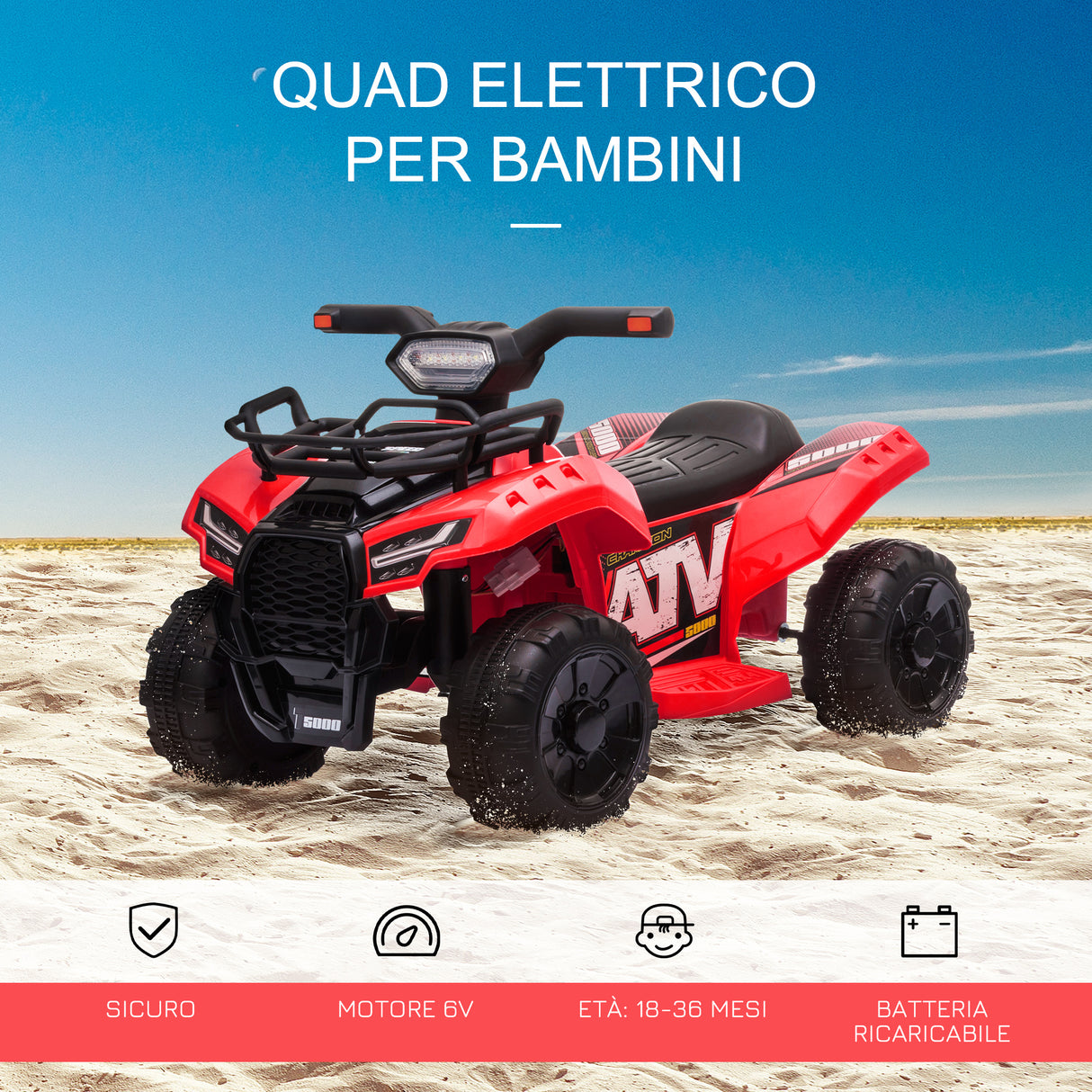 easycomfort easycomfort quad elettrico per bambini con batteria ricaricabile 6v pulsante acceleratore eta 18 36 mesi 70x42x45cm rosso