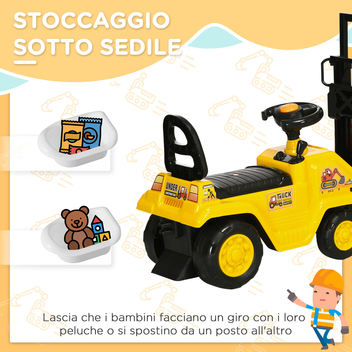 easycomfort easycomfort trattore a pedali per bambini 3 4 anni con muletto e spazio portaoggetti 86x27 5x47 5 cm giallo e nero