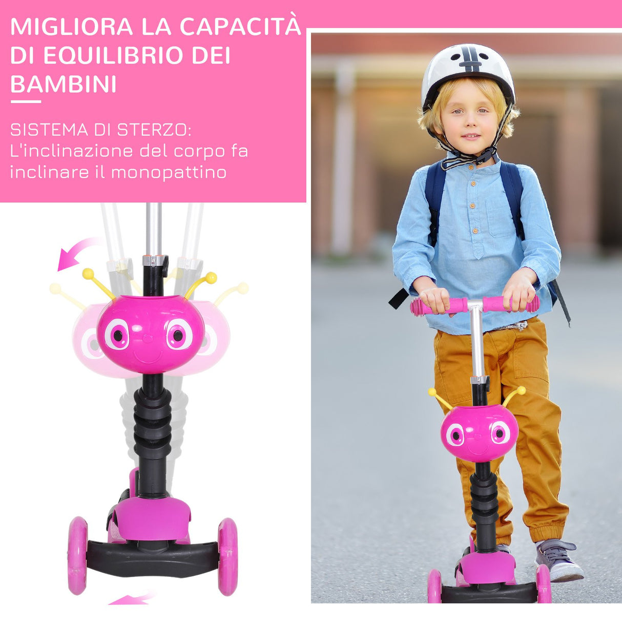 easycomfort easycomfort monopattino 3 ruote per bambini con sedile e maniglione manubrio con altezza regolabile 62x25x72 5cm rosa