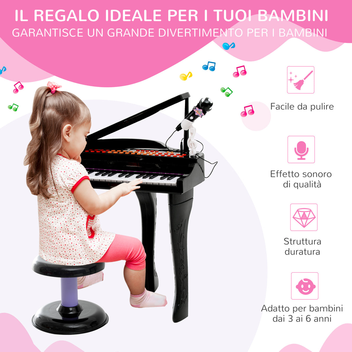 easycomfort easycomfort pianoforte elettrico giocattolo strumento musicale per bambini con 37 tasti microfono e sgabello 48x39x69cm nero