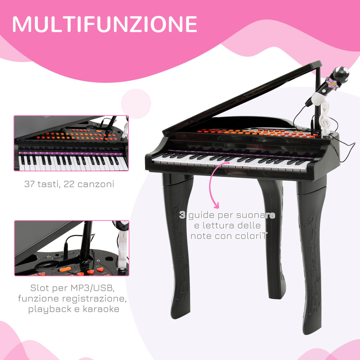 easycomfort easycomfort pianoforte elettrico giocattolo strumento musicale per bambini con 37 tasti microfono e sgabello 48x39x69cm nero