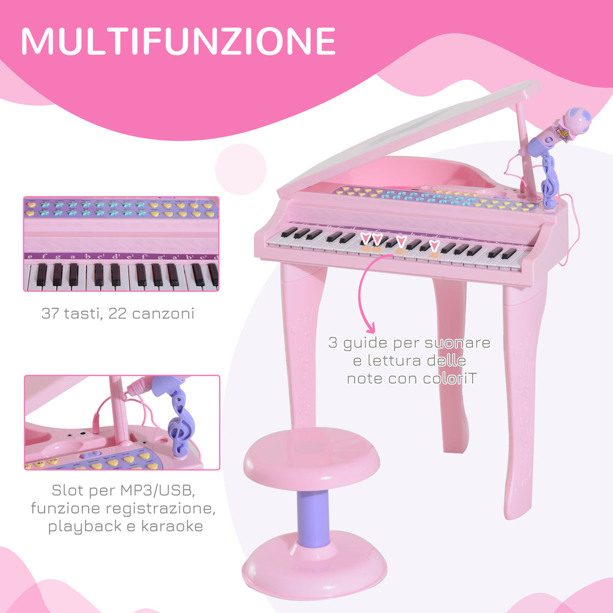 easycomfort easycomfort pianoforte giocattolo per bambini strumento musicale elettrico con 37 tasti luminosi microfono e sgabello inclusi 48x39x69 cm rosa
