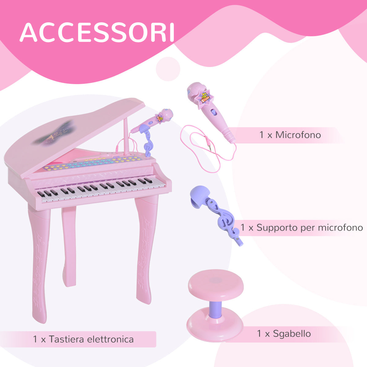 easycomfort easycomfort pianoforte giocattolo per bambini strumento musicale elettrico con 37 tasti luminosi microfono e sgabello inclusi 48x39x69 cm rosa