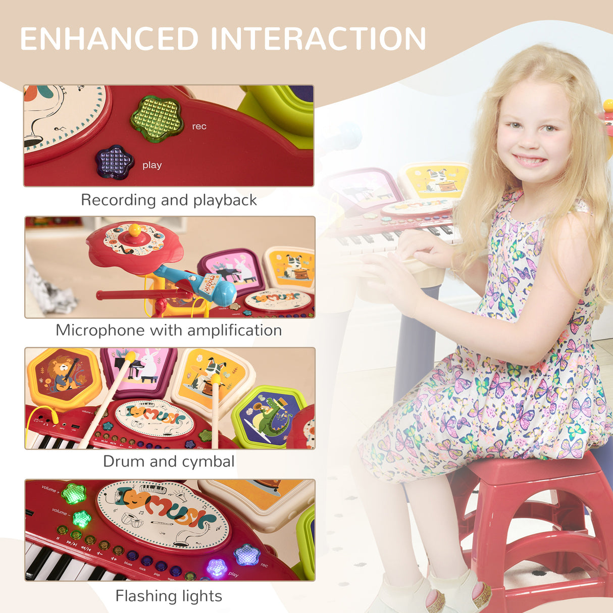 easycomfort easycomfort pianola per bambini 3 6 anni con sgabello microfono tamburo e bacchette in pp e abs 74x32 2x71 cm