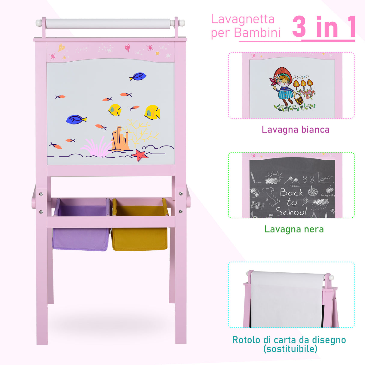 easycomfort easycomfort lavagnetta con cavalletto per bambini 3 in 1 e con rullo fogli di carta in legno rosa
