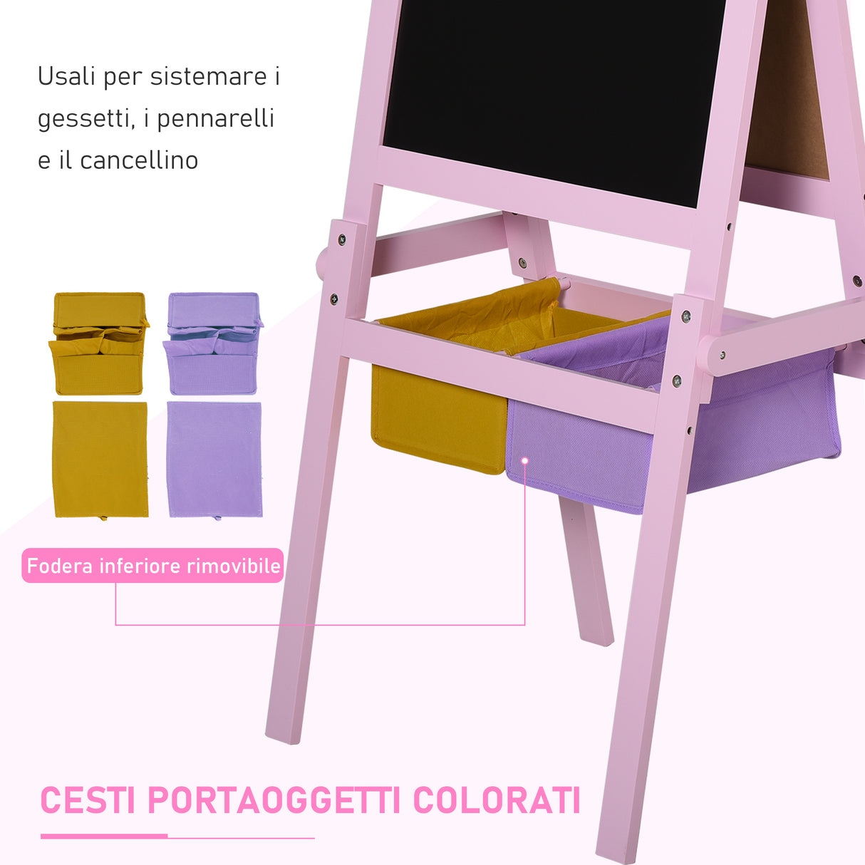 easycomfort easycomfort lavagnetta con cavalletto per bambini 3 in 1 e con rullo fogli di carta in legno rosa