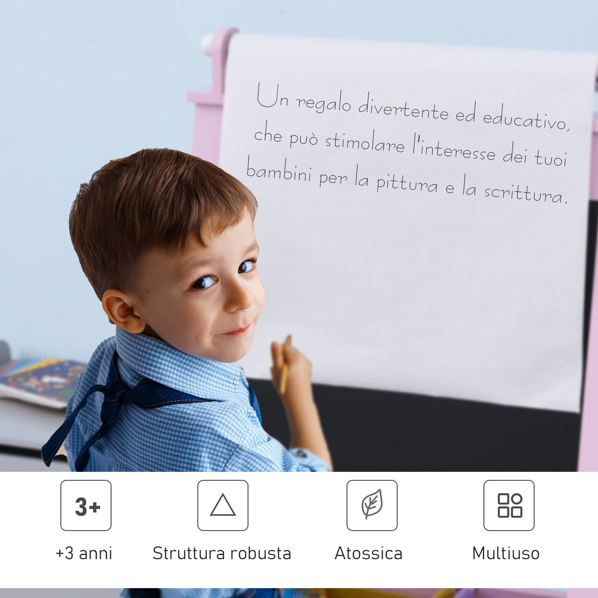 easycomfort easycomfort lavagnetta con cavalletto per bambini 3 in 1 e con rullo fogli di carta in legno rosa