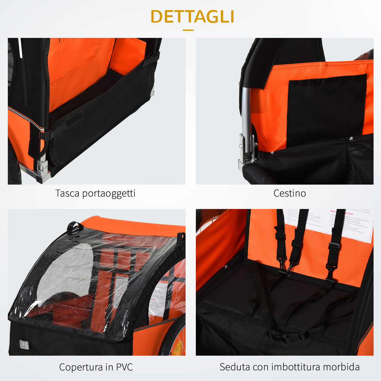 easycomfort easycomfort rimorchio bici bambini 2 posti con cinture di sicurezza e copertura arancione