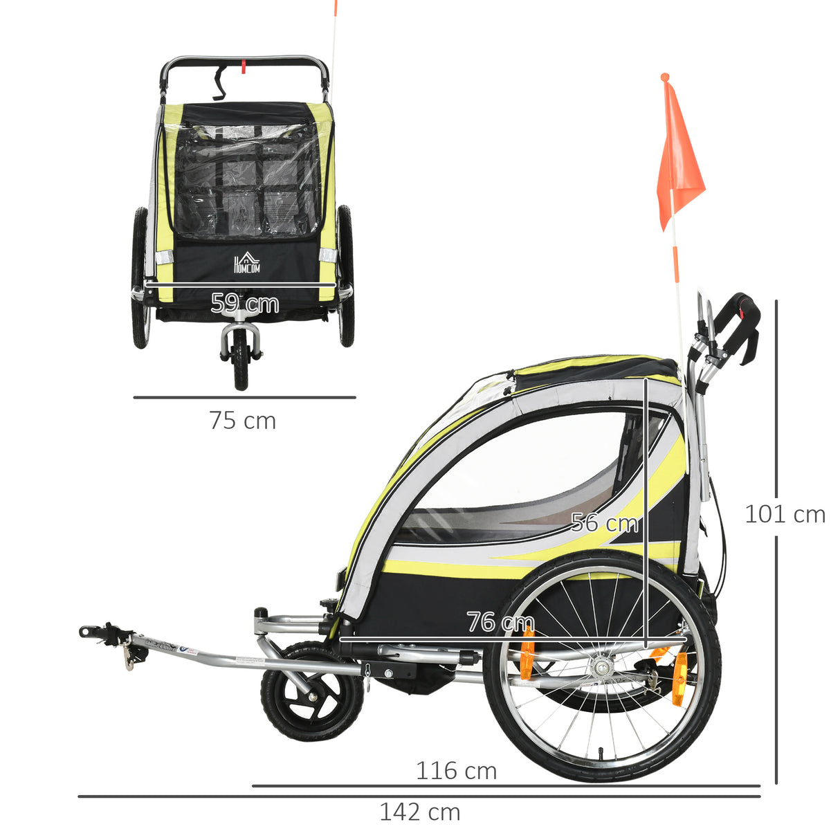 easycomfort rimorchio per bicicletta per 2 bambini 2 in 1 passeggino con cinture di sicurezza catarifrangenti e bandierina giallo