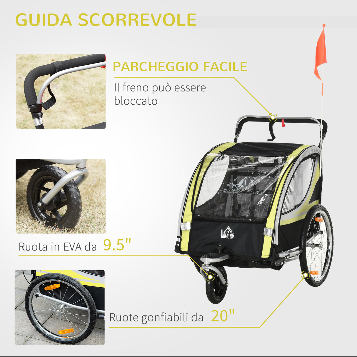 easycomfort rimorchio per bicicletta per 2 bambini 2 in 1 passeggino con cinture di sicurezza catarifrangenti e bandierina giallo
