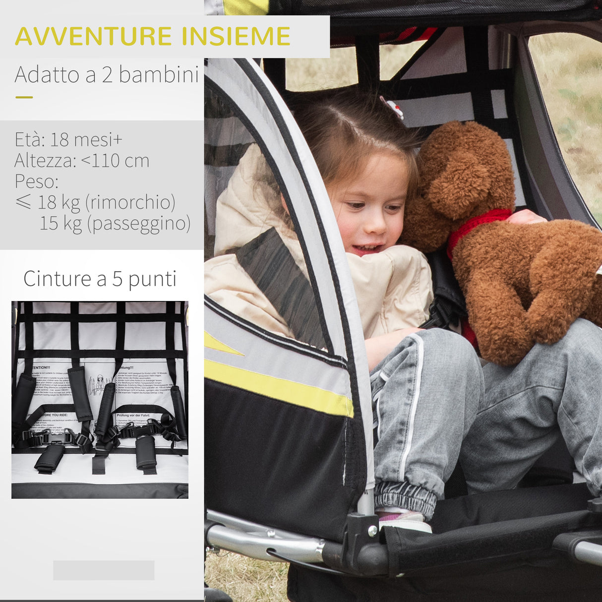 easycomfort rimorchio per bicicletta per 2 bambini 2 in 1 passeggino con cinture di sicurezza catarifrangenti e bandierina giallo