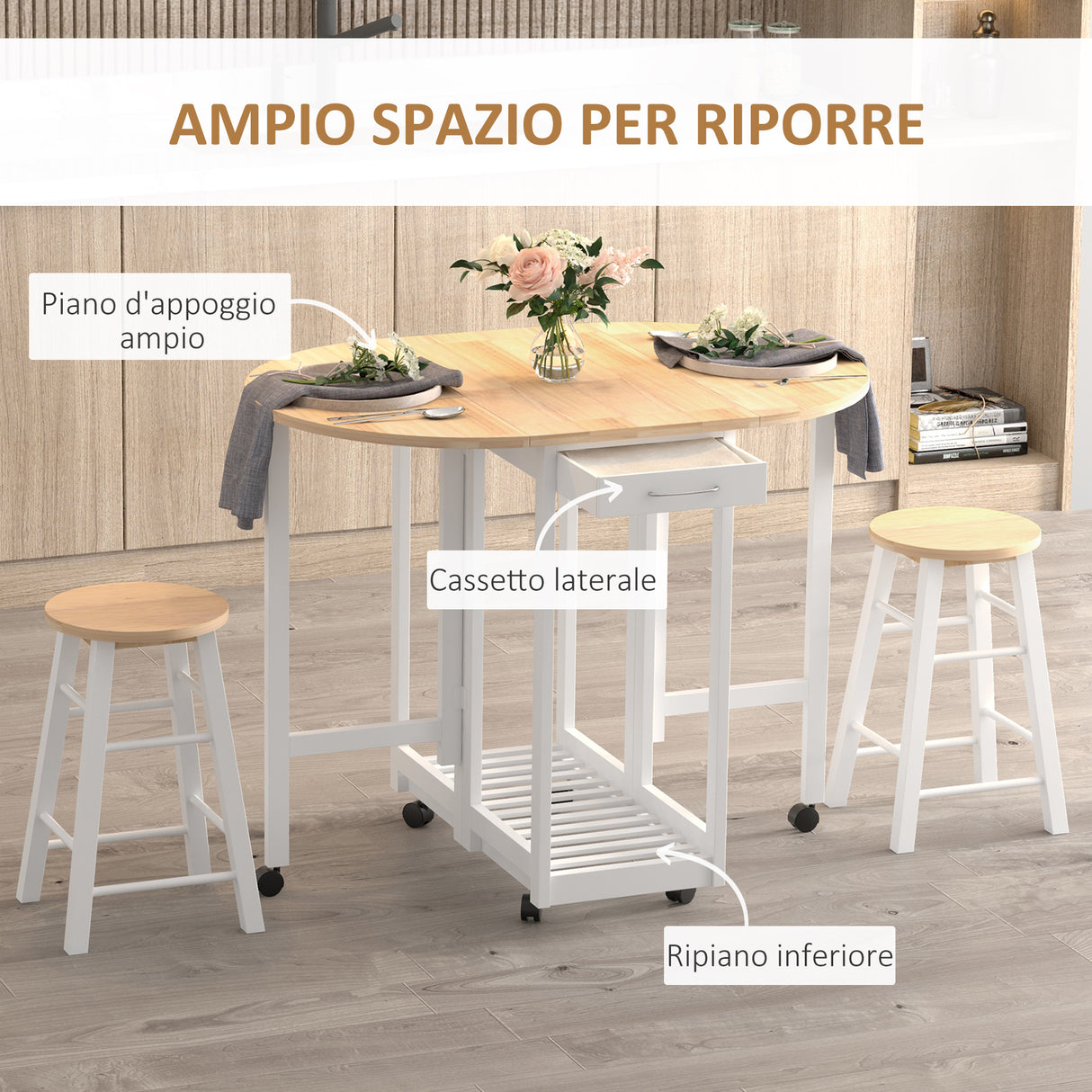 easycomfort easycomfort set 3 pezzi tavolo pieghevole da cucina e 2 sgabelli salvaspazio bianco e legno