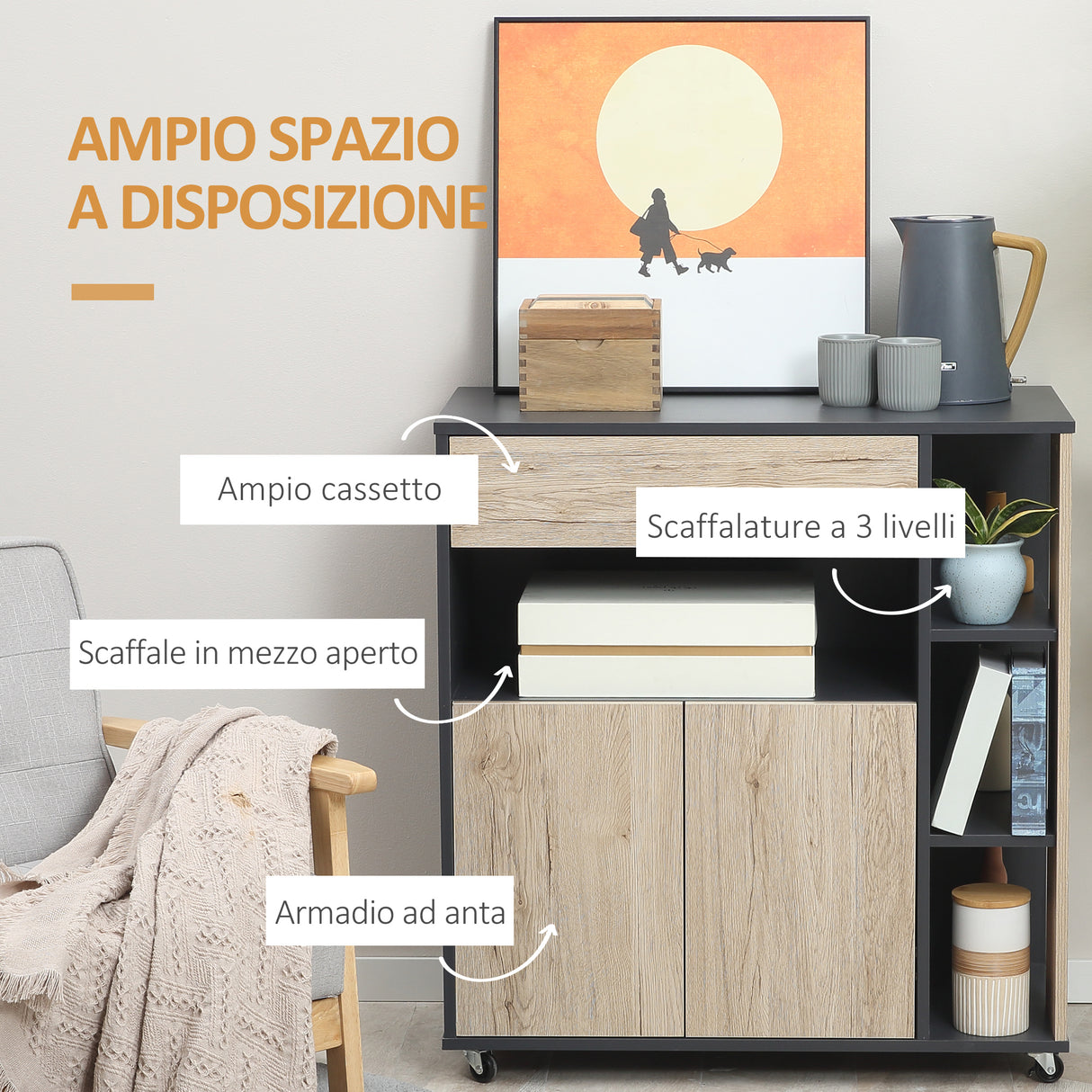 easycomfort easycomfort mobiletto ausiliario da cucina multiuso in legno con ruote 80 x 39 x 86 5cm ean 8054111849906