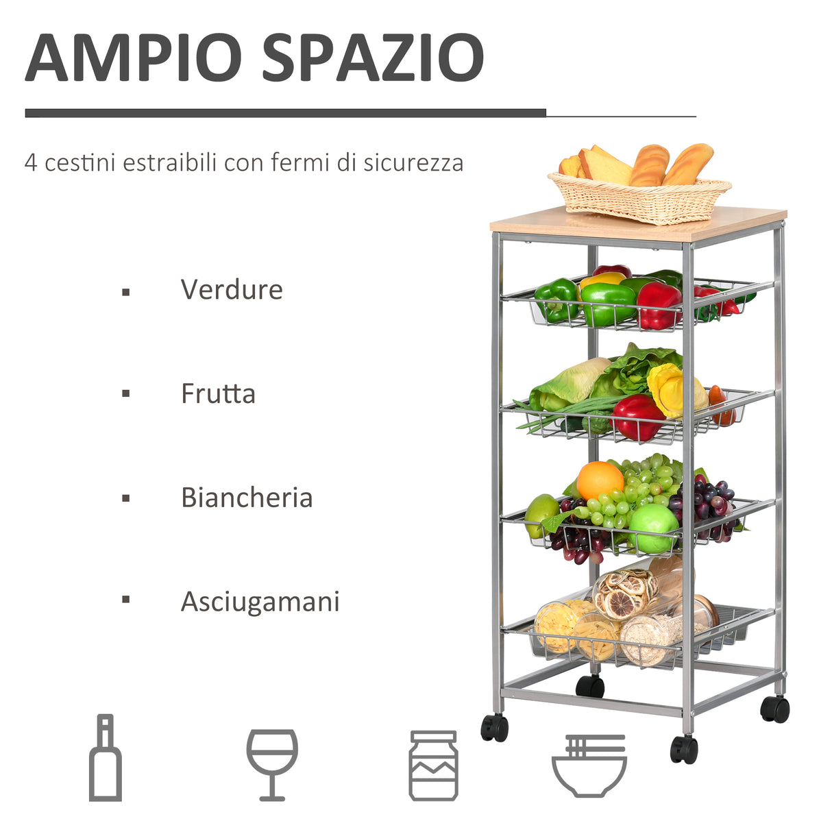 easycomfort easycomfort carrello cucina salvaspazio ruote 4 cesti acciaio legno 36 5 36 5 89cm ean 8054111841207