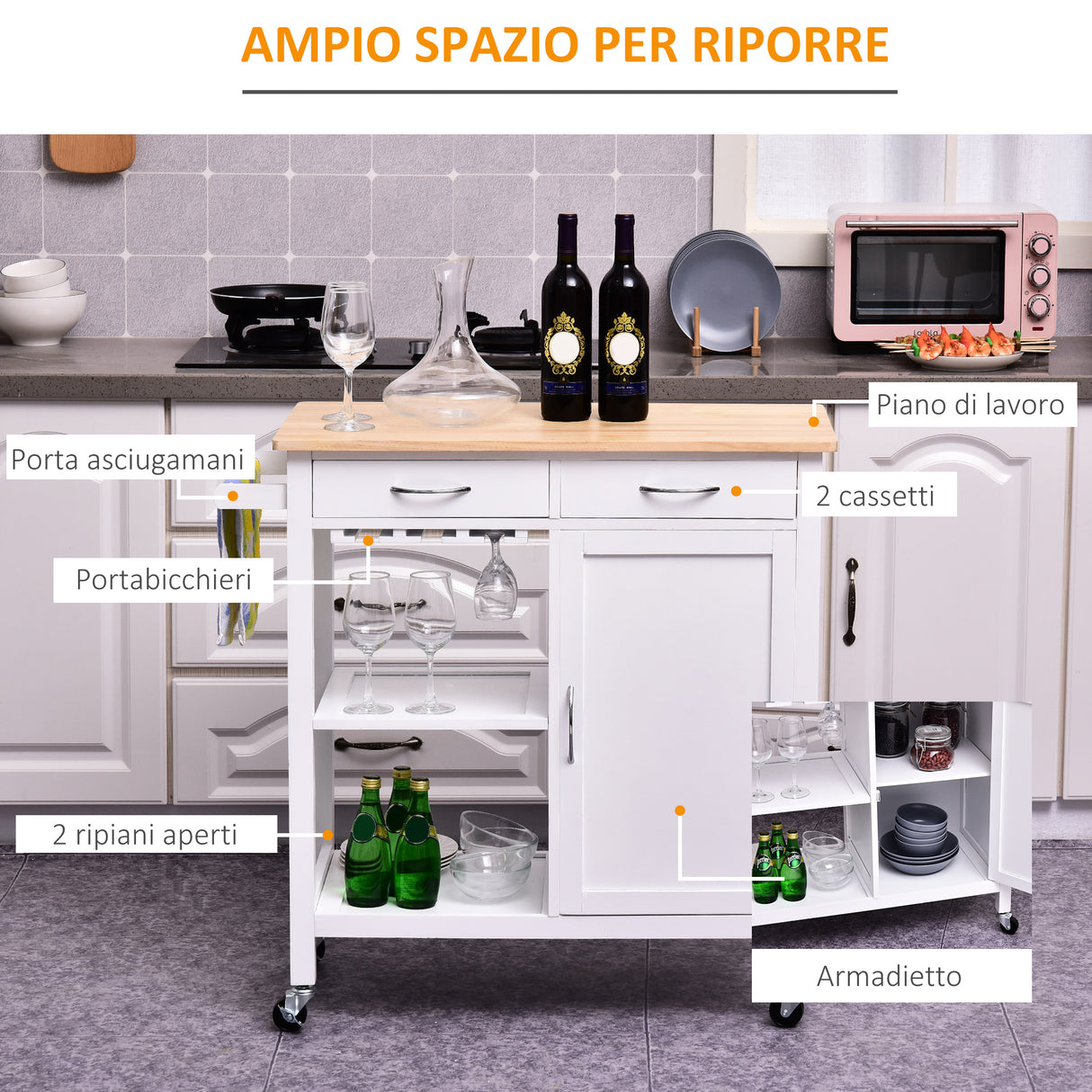 easycomfort easycomfort carrello da cucina classico con cassetti e ruote in legno salvaspazio 89x40x84cm ean 8054144134314