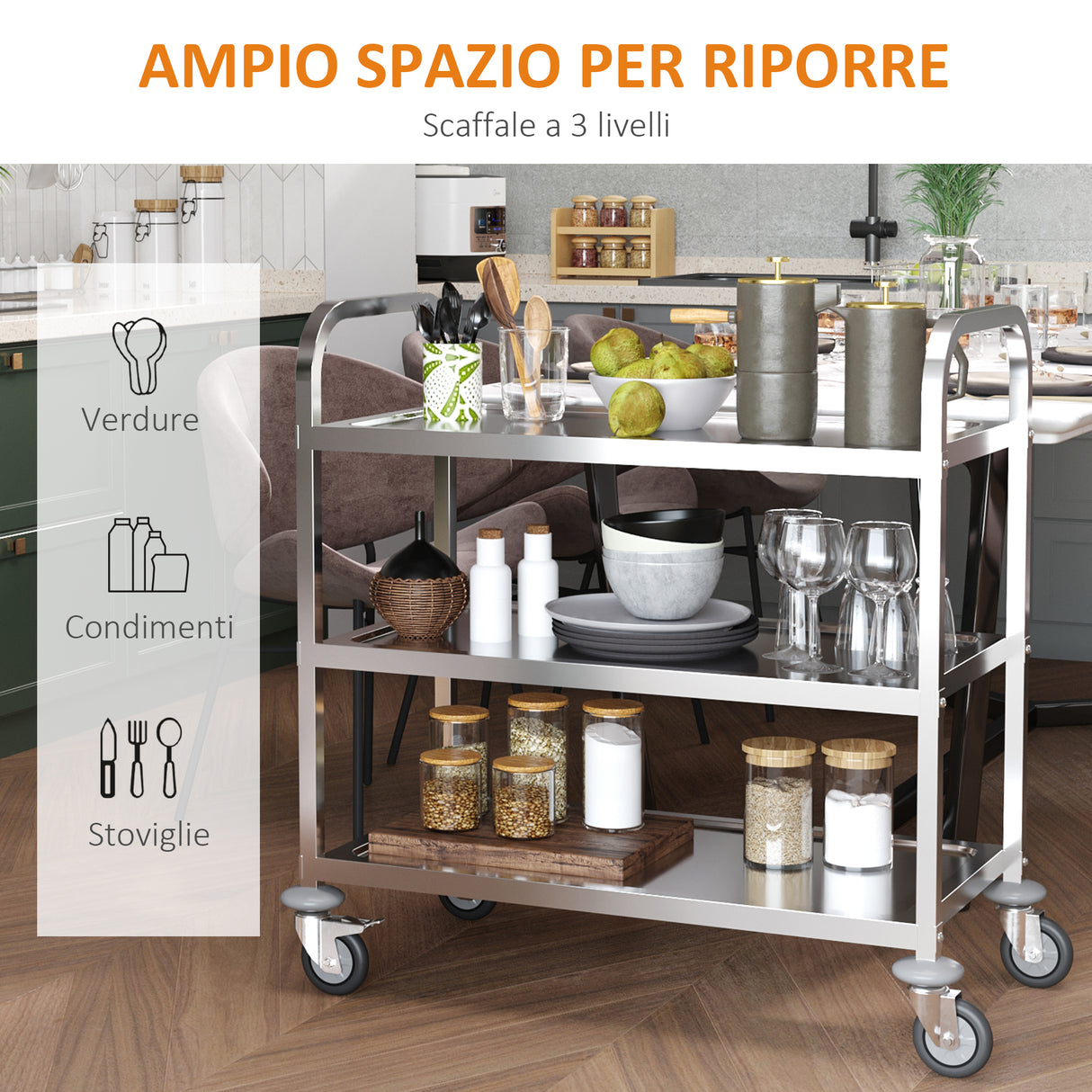 easycomfort easycomfort carrello da cucina 3 ripiani aperti 4 ruote omnidirezionali con 2 freni cuscinetti anti collisione in acciaio inossidabile 430 argento 85x45x90cm ean 8054144138558