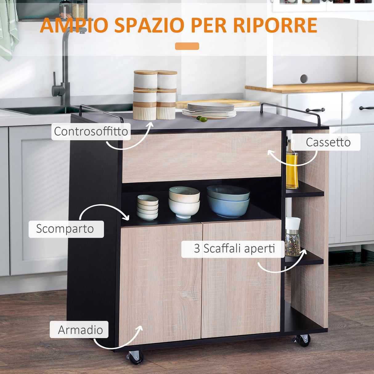 easycomfort easycomfort carrello da cucina multiuso moderno con ruote cassetto anta in legno rovere 765x40x82cm ean 8054144132174