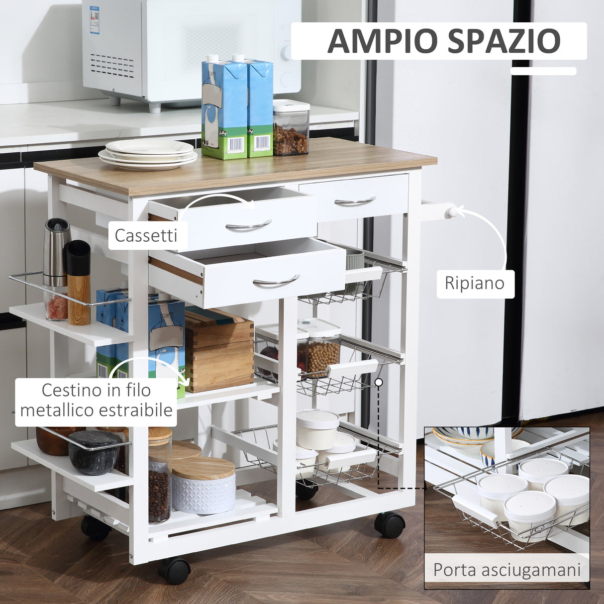 easycomfort easycomfort carrello da cucina con ruote mobile da cucina salvaspazio in legno massiccio 3 cassetti 3 cestelli 2 portaspezie 2 ripiani 92x37x82 cm ean 8054144134727