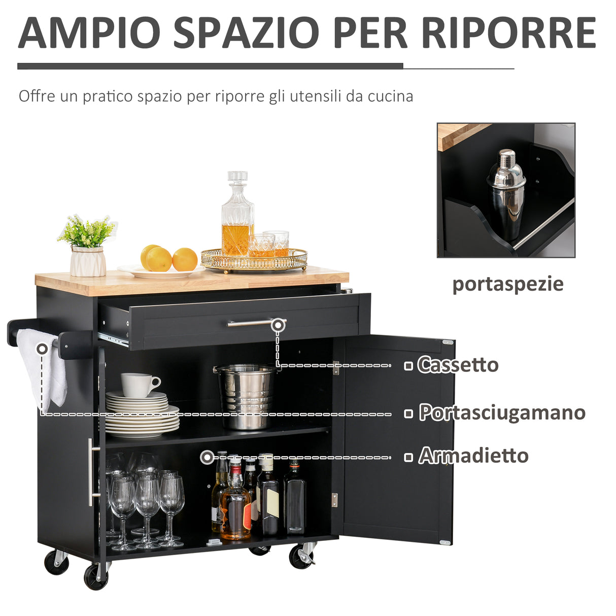 easycomfort easycomfort carrello da cucina con cassetti portaspezie e armadietto carrelloda portata con 4 ruote e piano di lavoro in legno 109x40x89cm nero