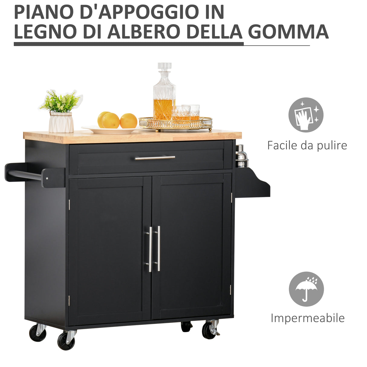 easycomfort easycomfort carrello da cucina con cassetti portaspezie e armadietto carrelloda portata con 4 ruote e piano di lavoro in legno 109x40x89cm nero