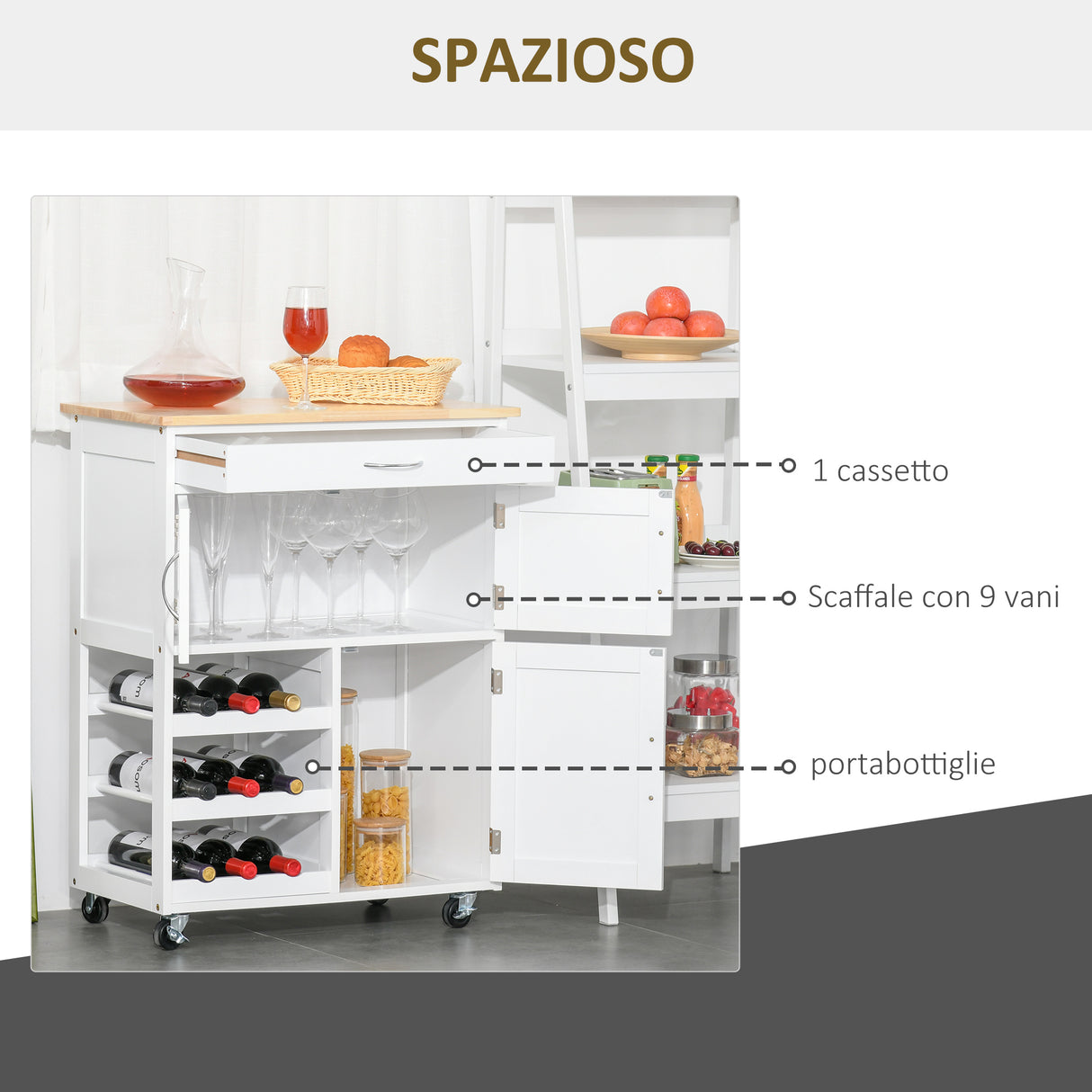 easycomfort easycomfort carrello portavivande carrellino per cucina in legno bianco con portabottiglie 1 cassetto e 3 antine 67x37x87cm