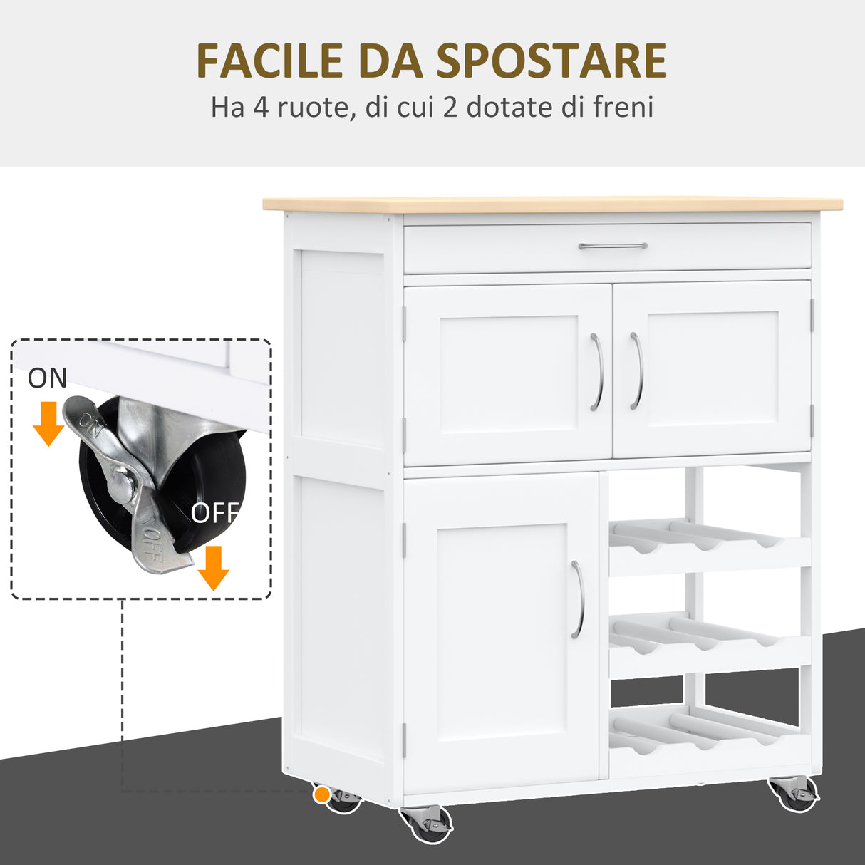 easycomfort easycomfort carrello portavivande carrellino per cucina in legno bianco con portabottiglie 1 cassetto e 3 antine 67x37x87cm