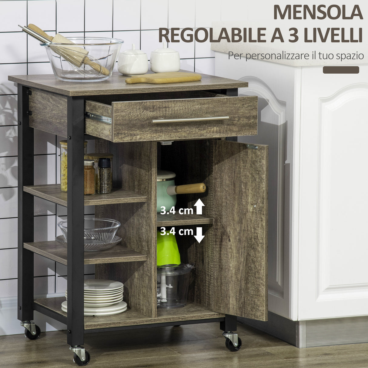easycomfort easycomfort carrello da cucina portavivande con ruote legno truciolato 60x50x84 5cm marrone