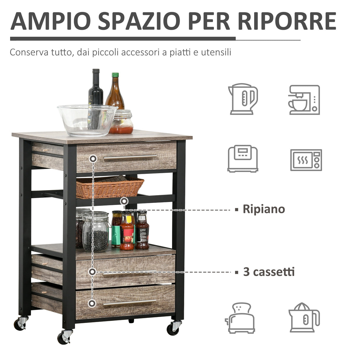 easycomfort easycomfort carrello da cucina portavivande con 3 cassetti e mensola mobiletto multiuso in legno truciolare 60x50x84 5cm quercia