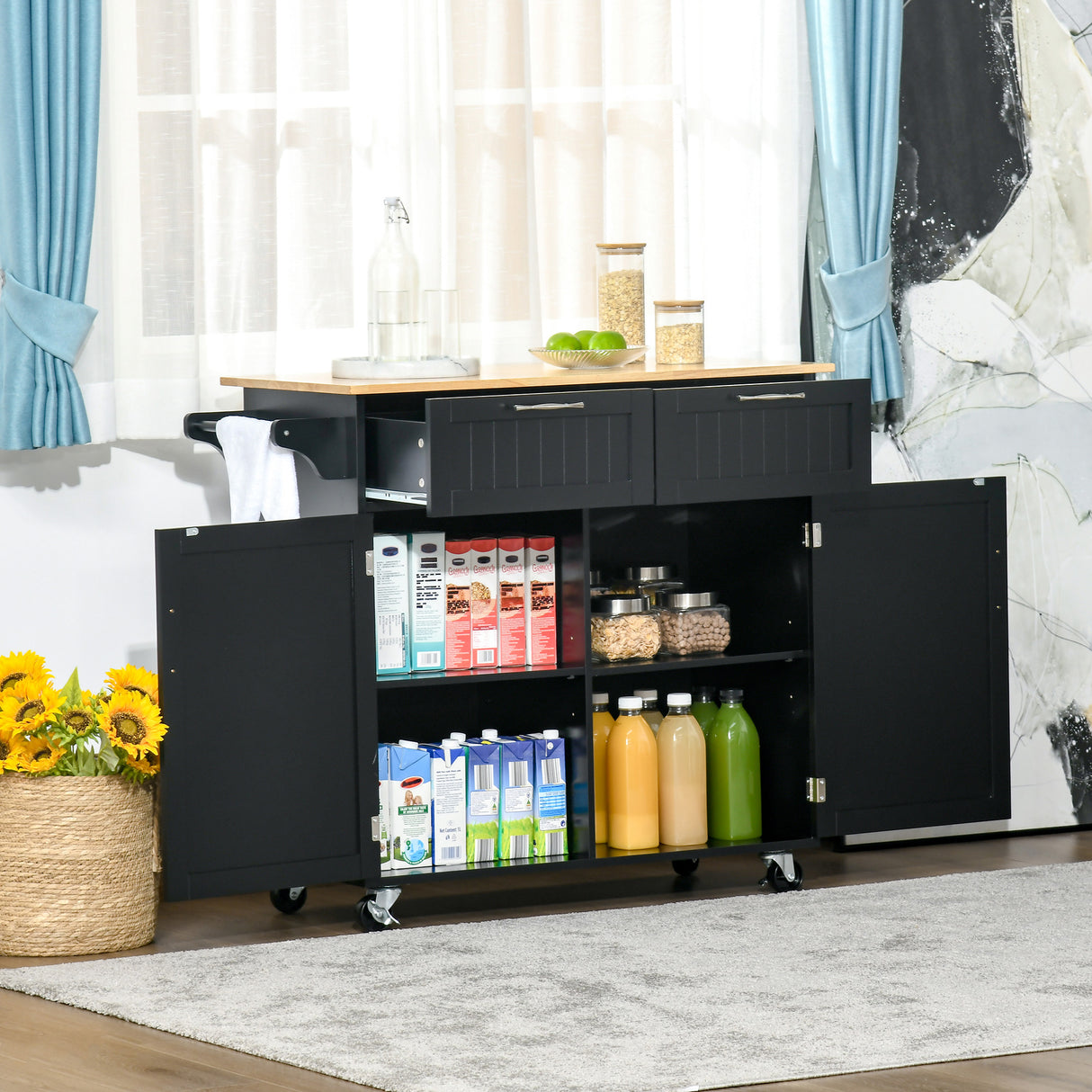 easycomfort easycomfort carrello da cucina multiuso in legno con 2 cassetti armadietto e 4 ruote 104x46x91cm nero