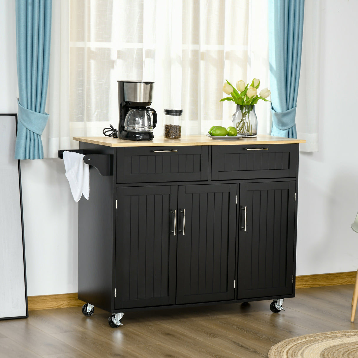 easycomfort easycomfort carrello da cucina in legno con 2 cassetti armadietto 3 ante e 4 ruote 121x46x91cm nero