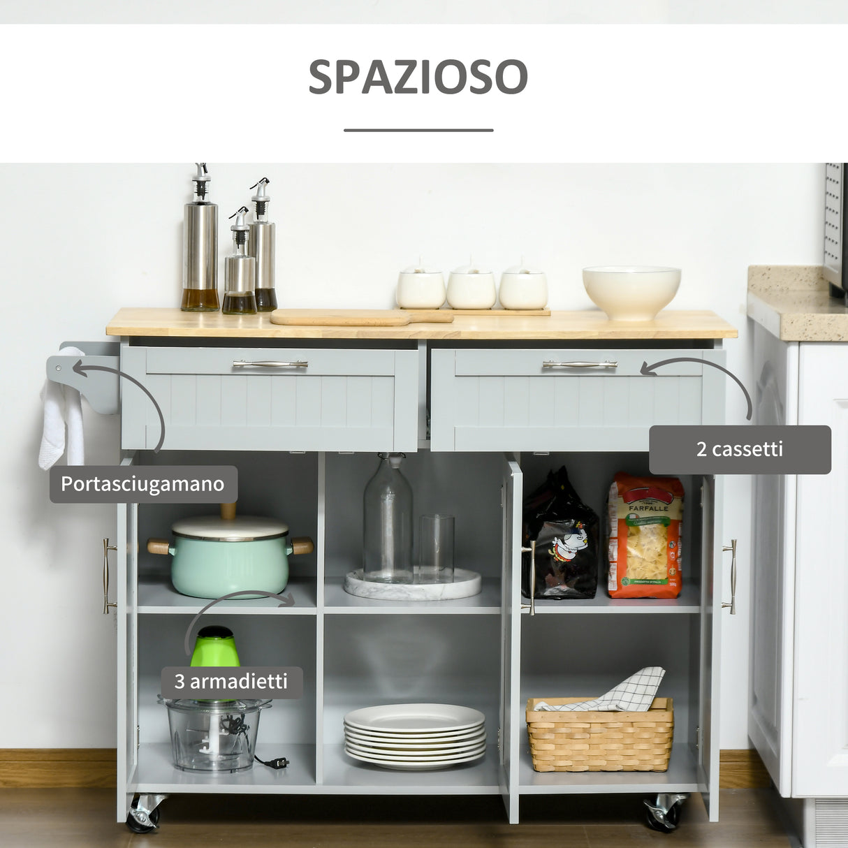 easycomfort easycomfort carrello da cucina multiuso in legno con 2 cassetti 3 antine e 4 ruote 121x46x91cm grigio