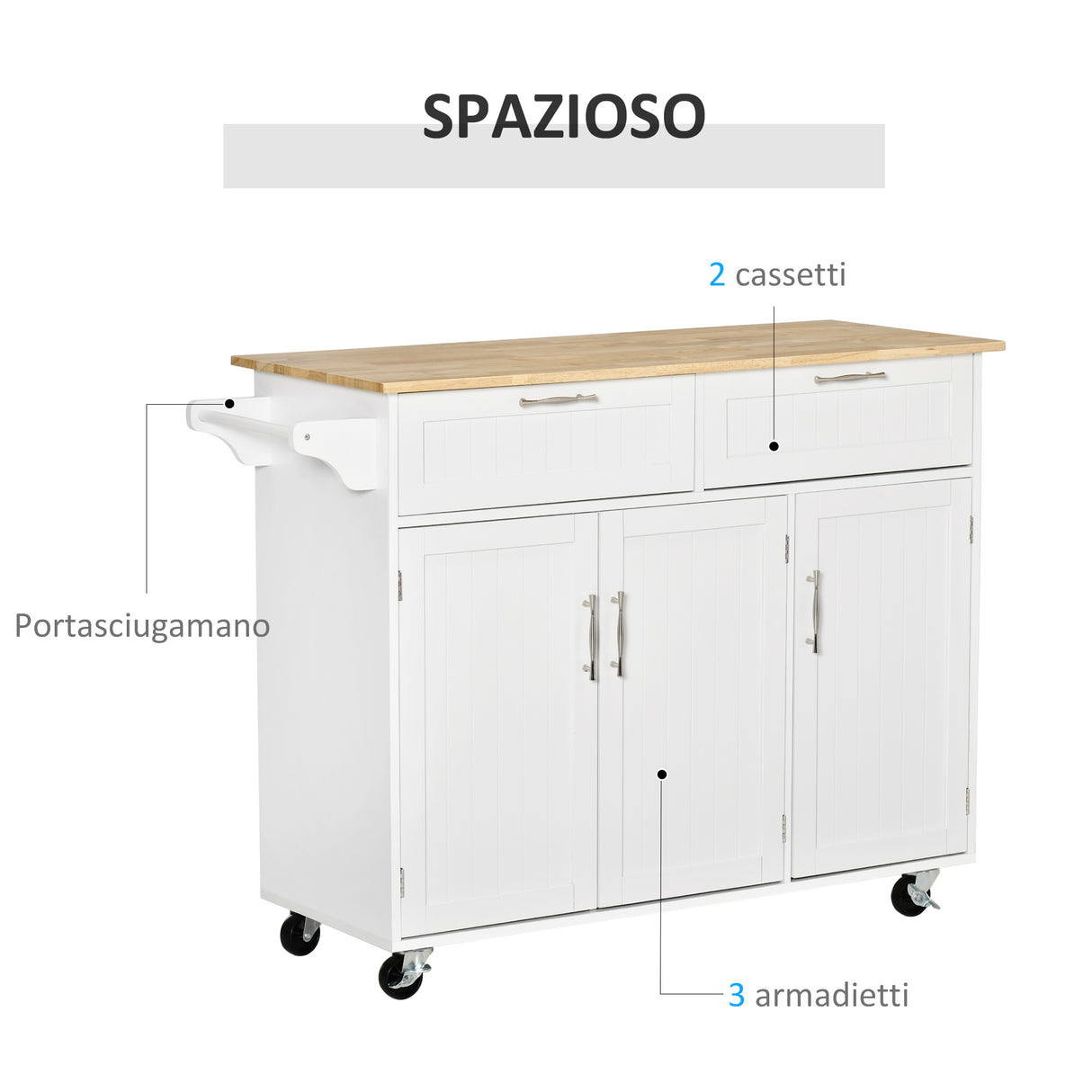 easycomfort easycomfort carrello da cucina multiuso in legno con 2 cassetti 3 antine e 4 ruote 121x46x91cm bianco