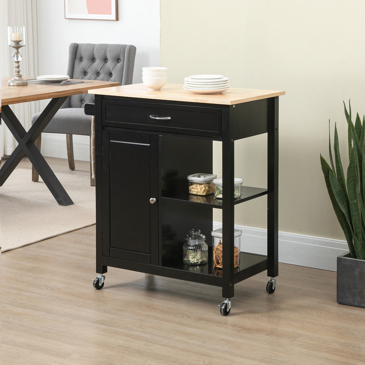 easycomfort easycomfort carrello da cucina in legno con cassetto armadietto e ruote 83x45x88cm nero