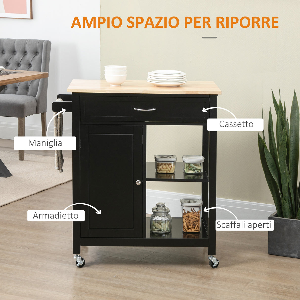 easycomfort easycomfort carrello da cucina in legno con cassetto armadietto e ruote 83x45x88cm nero