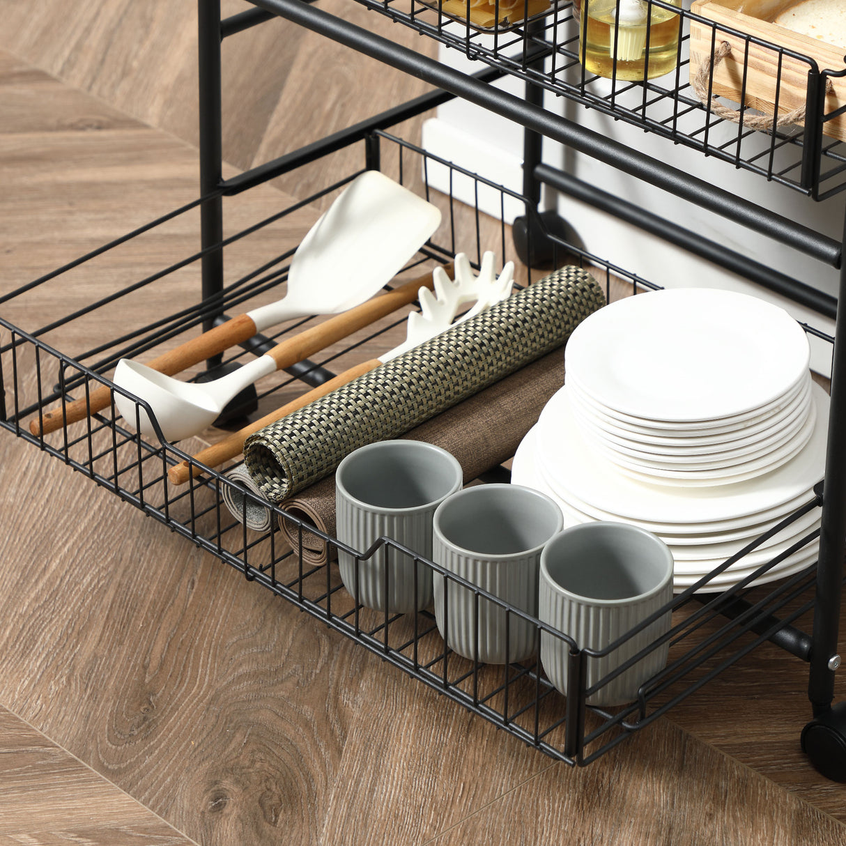 easycomfort easycomfort carrello da cucina portavivande stile industriale con 4 ruote 2 cestini e 4 ganci 60x38x85 5cm marronenero