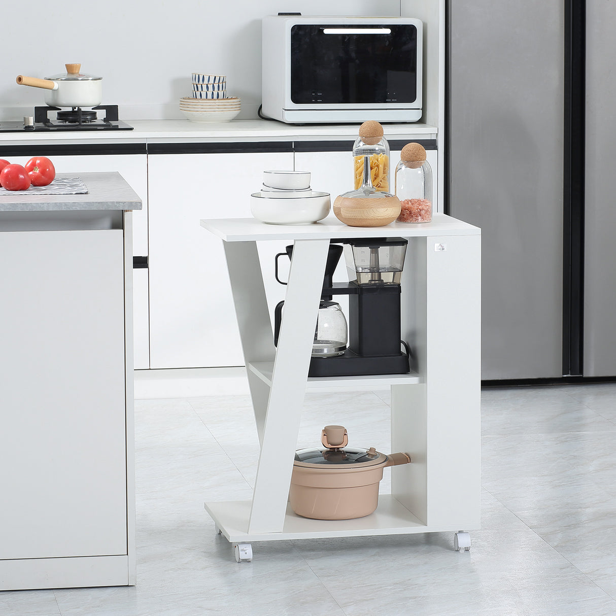 easycomfort easycomfort carrello da cucina portavivande in legno con 2 ripiani e ruote 60x38x77cm bianco