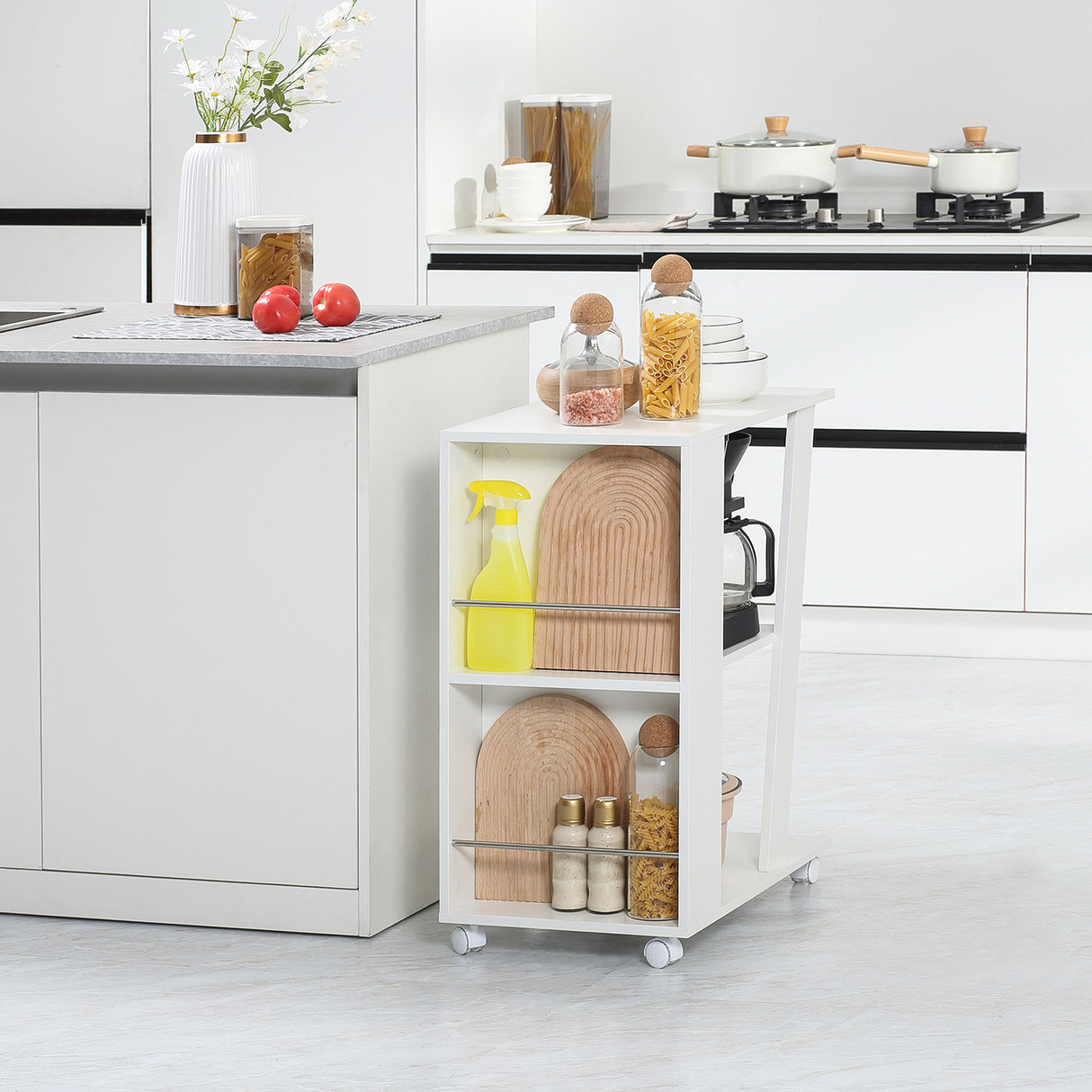 easycomfort easycomfort carrello da cucina portavivande in legno con 2 ripiani e ruote 60x38x77cm bianco