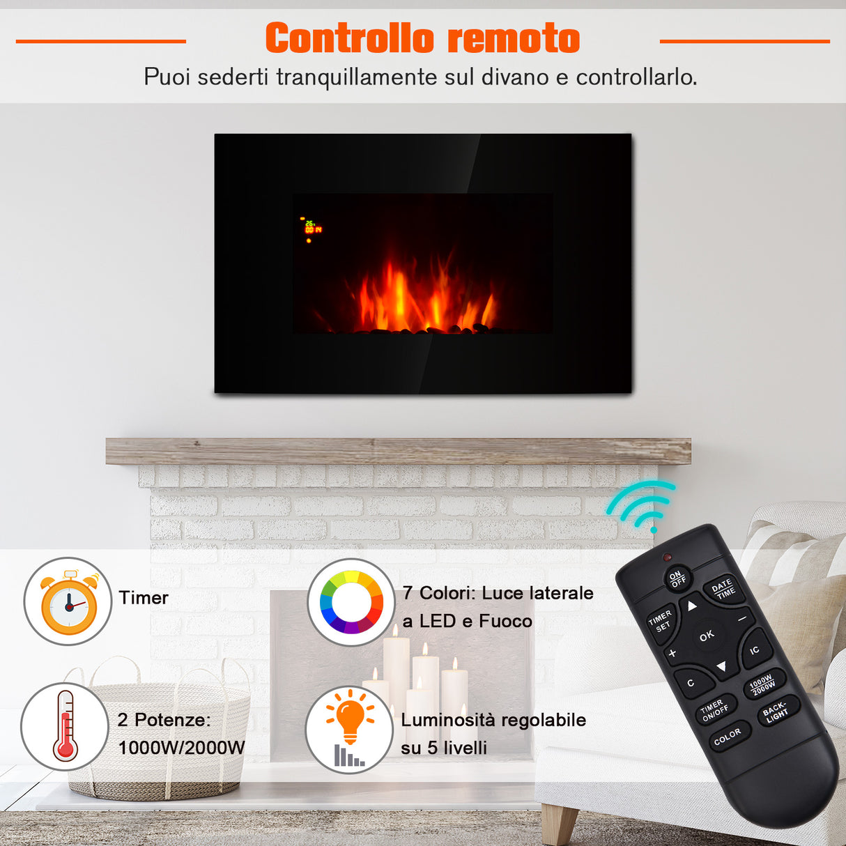 easycomfort easycomfort camino elettrico da parete o terra 2000w con fiamma led 7 colori nero 90x56x9.5cm