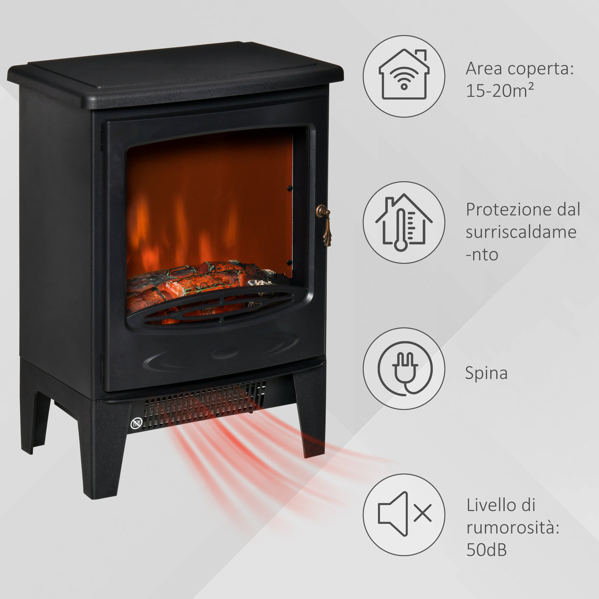 easycomfort camino elettrico da terra con effetto fiamma temperatura regolabile copertura 15 20m nero