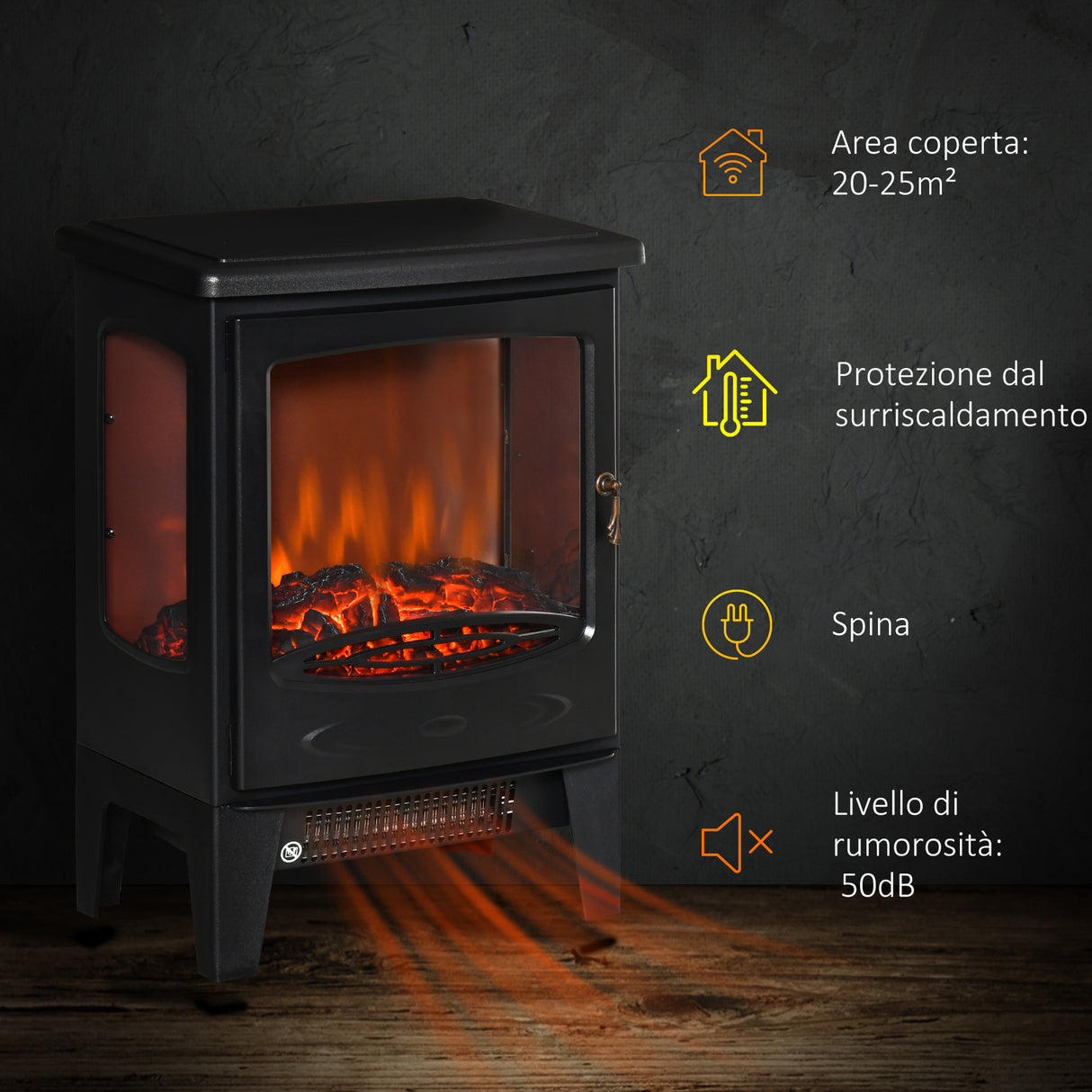 easycomfort camino elettrico effetto fiamma e 3 lati aperti temperatura regolabile copertura 20 25m nero