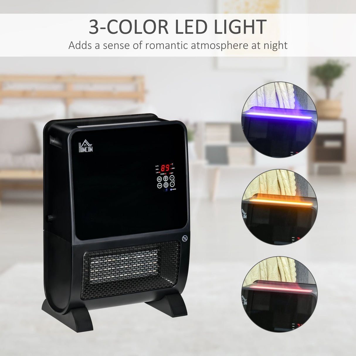 easycomfort stufa elettrica 2 in 1 con umidificatore luce led a 3 colori e ultravioletti timer e telecomando 33x21x49.5cm nero